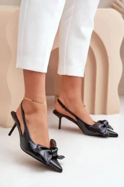 Szpilki Z Kokardą Eko Skórzane Czarne Emirenna