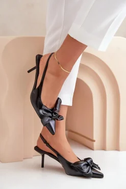 Szpilki Z Kokardą Eko Skórzane Czarne Emirenna