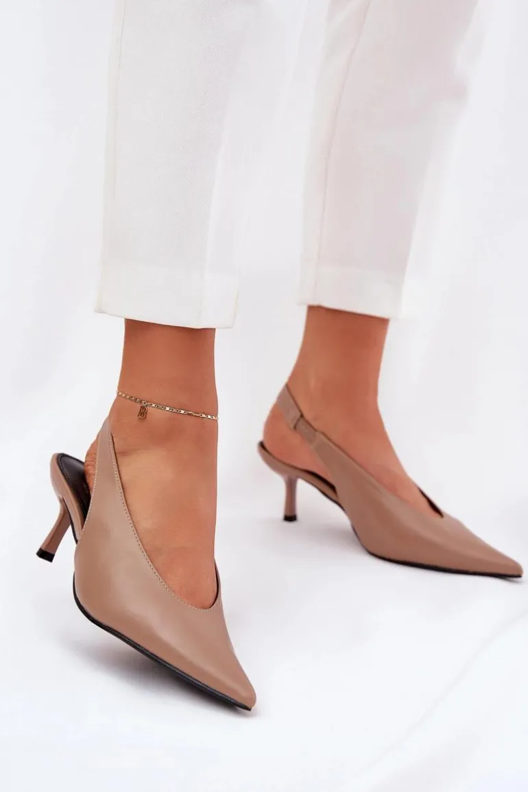 Szpilki Z Odkrytą Piętą Eko Skórzane Ciemnobeżowe Aricandia