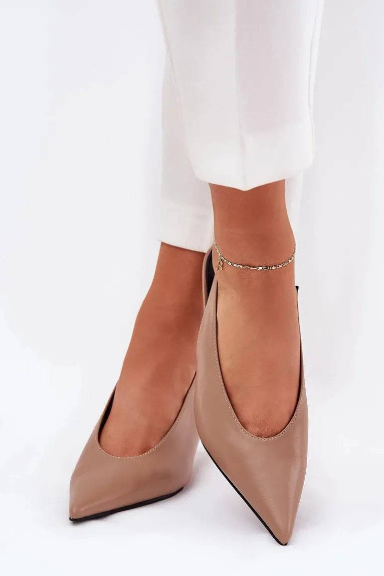 Szpilki Z Odkrytą Piętą Eko Skórzane Ciemnobeżowe Aricandia