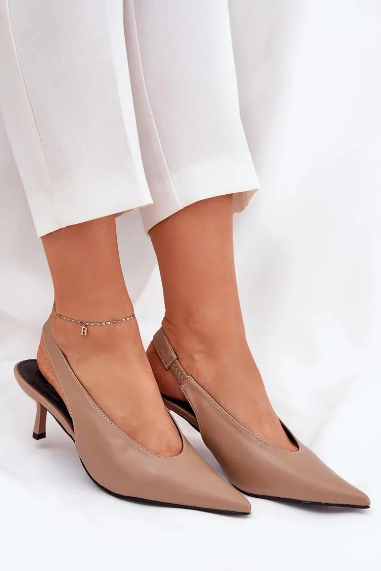 Szpilki Z Odkrytą Piętą Eko Skórzane Ciemnobeżowe Aricandia