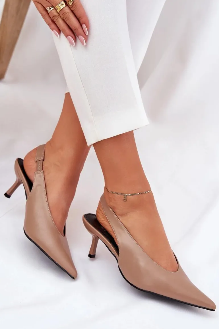 Szpilki Z Odkrytą Piętą Eko Skórzane Ciemnobeżowe Aricandia