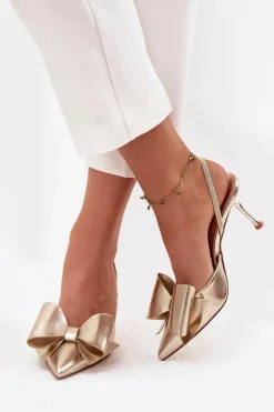 Szpilki Z Odkrytymi Piętami I Kokardką Złote Eklevia