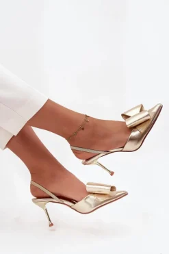 Szpilki Z Odkrytymi Piętami I Kokardką Złote Eklevia