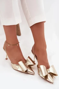 Szpilki Z Odkrytymi Piętami I Kokardką Złote Eklevia