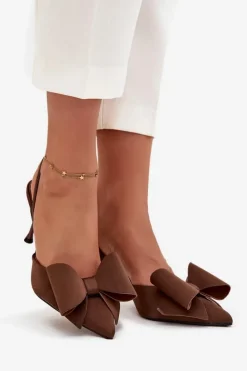 Szpilki Z Odkrytymi Piętami I Kokardką Brązowe Eklevia