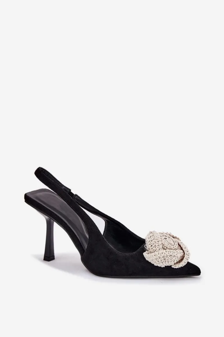 Szpilki Z Ozdobą Eko Zamszowe Czarne Anodera