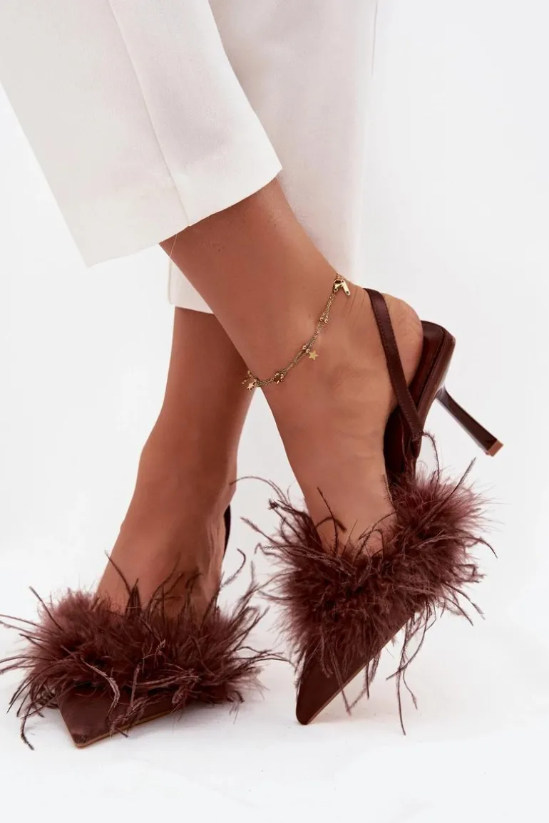 Szpilki Z Piórami I Odkrytą Piętą Czekoladowe Belice