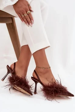 Szpilki Z Piórami I Odkrytą Piętą Czekoladowe Belice