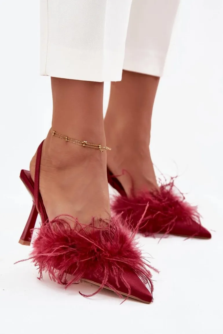 Szpilki Z Piórami I Odkrytą Piętą Bordowe Belice