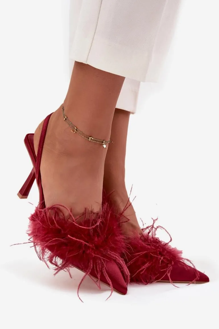 Szpilki Z Piórami I Odkrytą Piętą Bordowe Belice