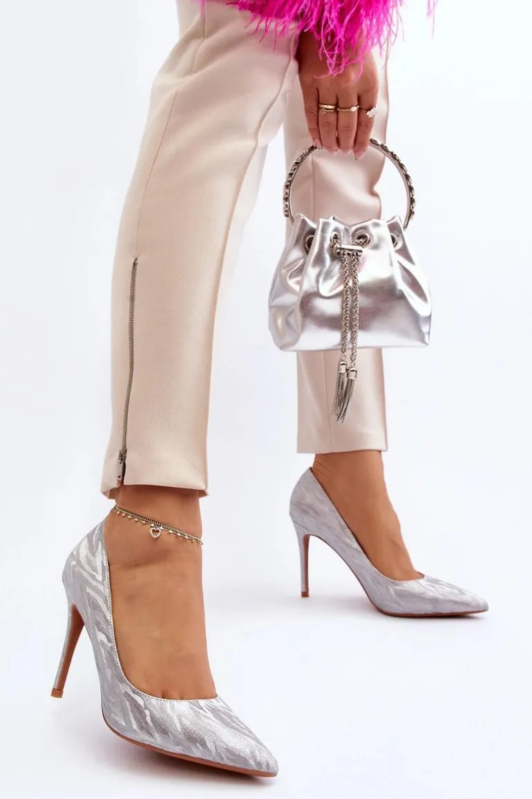 Szpilki Zdobione Brokatem Srebrne Klonisa