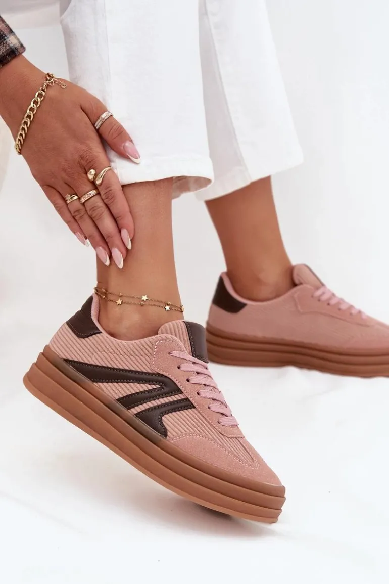 Sztruksowe Sneakersy Damskie Na Platformie Różowe Skye