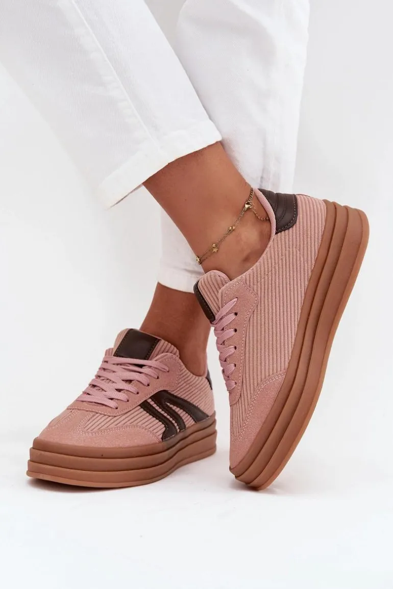 Sztruksowe Sneakersy Damskie Na Platformie Różowe Skye
