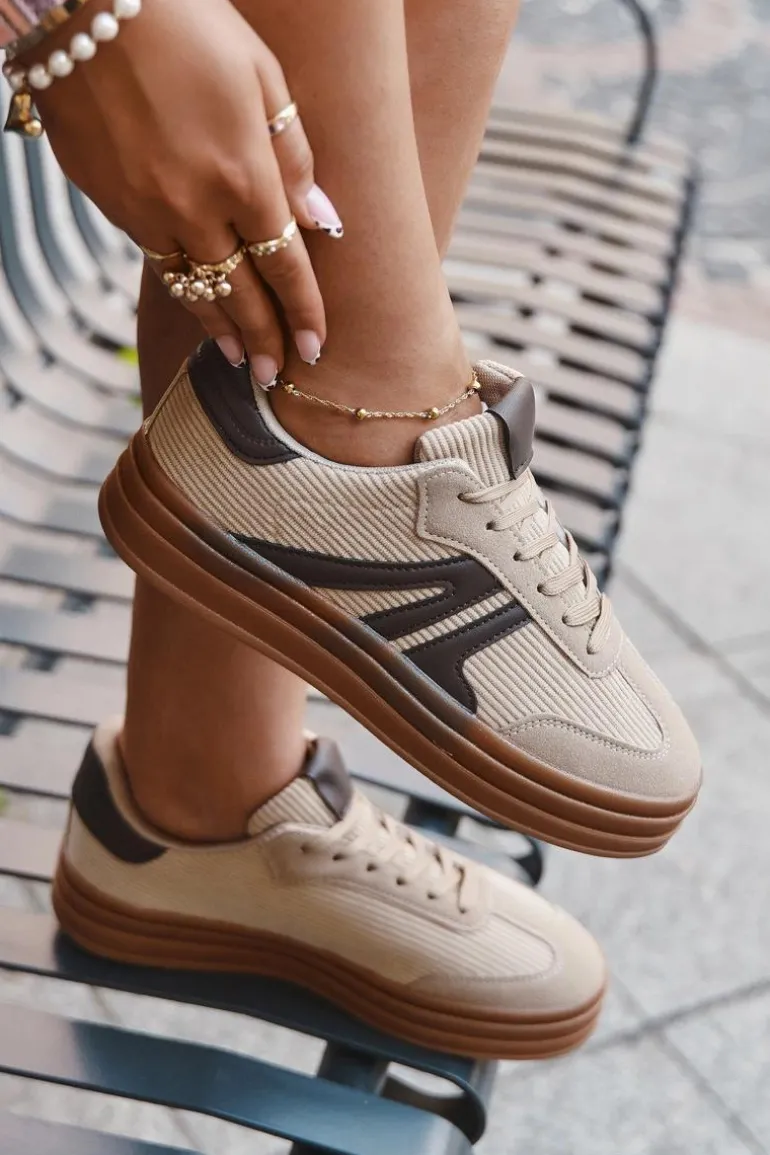 Sztruksowe Sneakersy Damskie Na Platformie Beżowe Corynelle