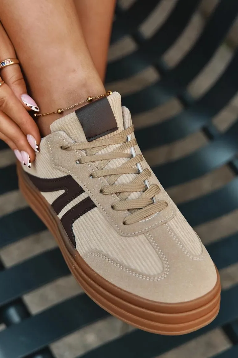 Sztruksowe Sneakersy Damskie Na Platformie Beżowe Corynelle
