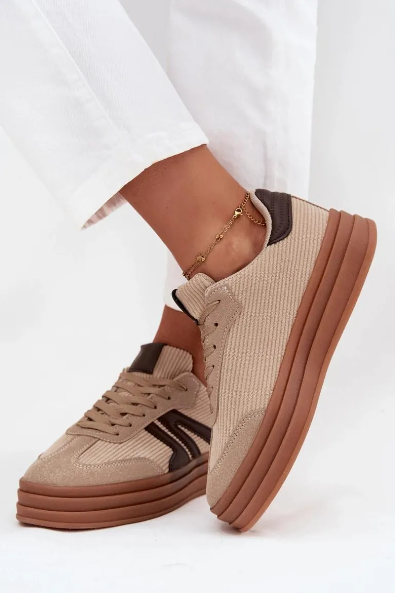 Sztruksowe Sneakersy Damskie Na Platformie Beżowe Corynelle