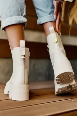 Sztyblety Botki Damskie Skórzane Z Ozdobami Jasnobeżowe Lobb