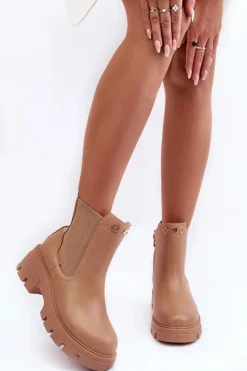 Sztyblety Botki Damskie Skórzane Z Ozdobami Beżowe Lobb