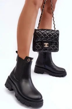 Sztyblety Botki Damskie Skórzane Z Ozdobami Czarne Lobb