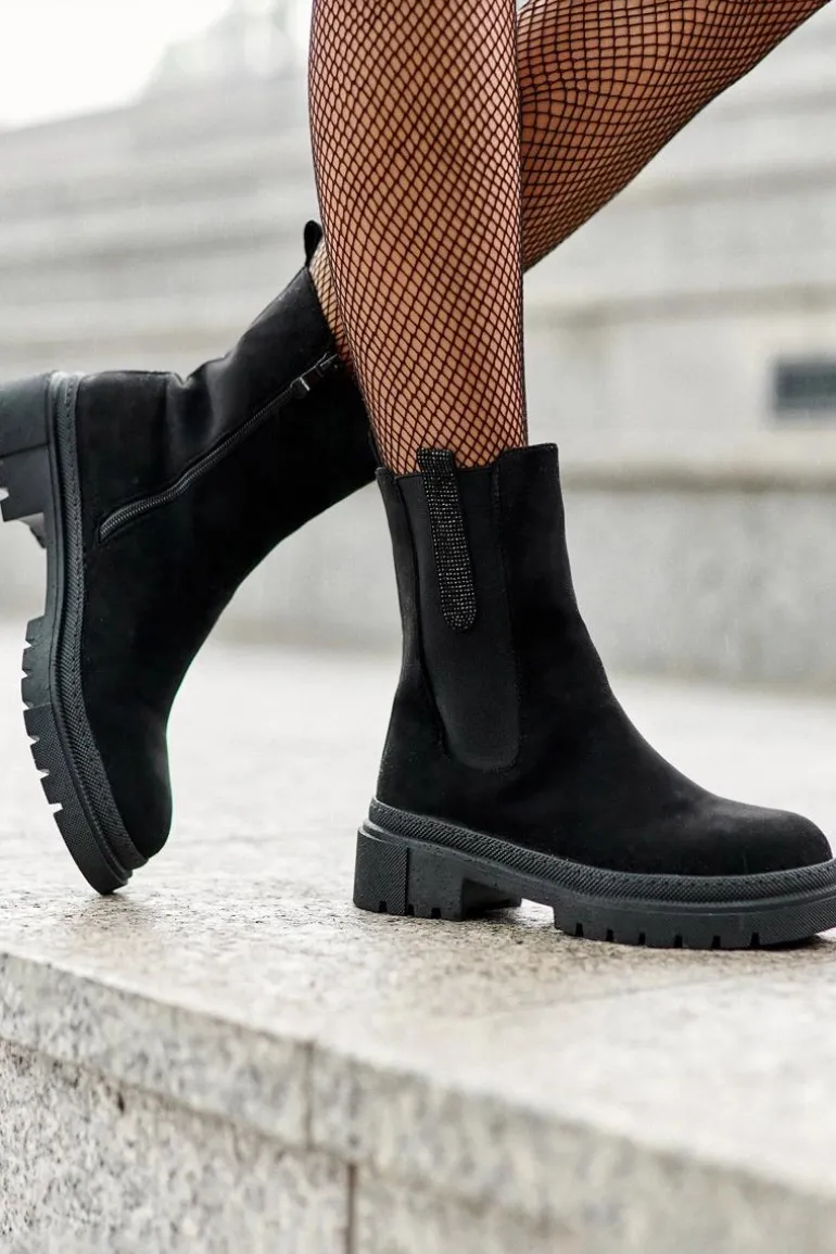 Sztyblety Botki Damskie Zamszowe Czarne Alexetta