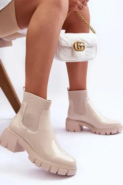 Sztyblety Botki Lakierowane Damskie Beżowe Cirie