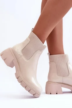 Sztyblety Botki Lakierowane Damskie Beżowe Cirie