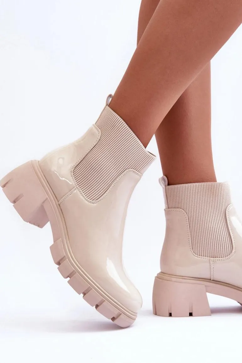 Sztyblety Botki Lakierowane Damskie Beżowe Cirie