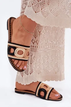 Szydełkowe Klapki Damskie Na Płaskim Obcasie Czarne Nirina