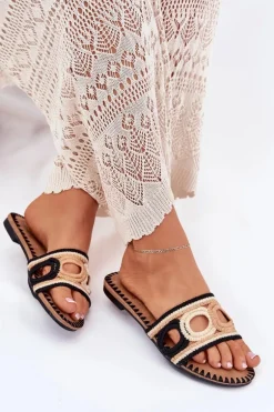 Szydełkowe Klapki Damskie Na Płaskim Obcasie Czarne Nirina