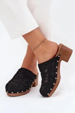 Szydełkowe Klapki Damskie Na Obcasie Czarne Senevia