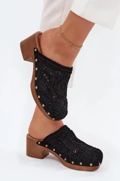 Szydełkowe Klapki Damskie Na Obcasie Czarne Senevia