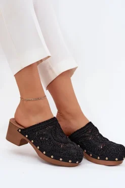 Szydełkowe Klapki Damskie Na Obcasie Czarne Senevia