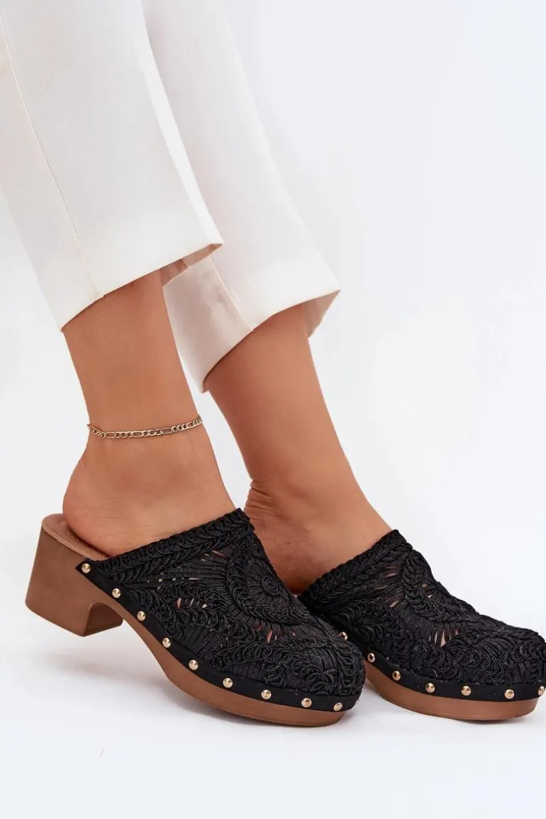 Szydełkowe Klapki Damskie Na Obcasie Czarne Senevia