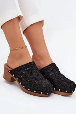 Szydełkowe Klapki Damskie Na Obcasie Czarne Senevia