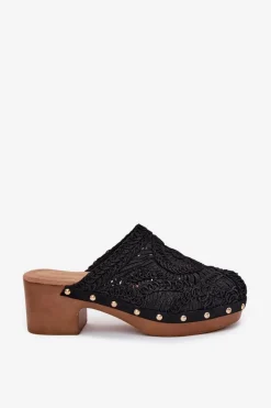 Szydełkowe Klapki Damskie Na Obcasie Czarne Senevia