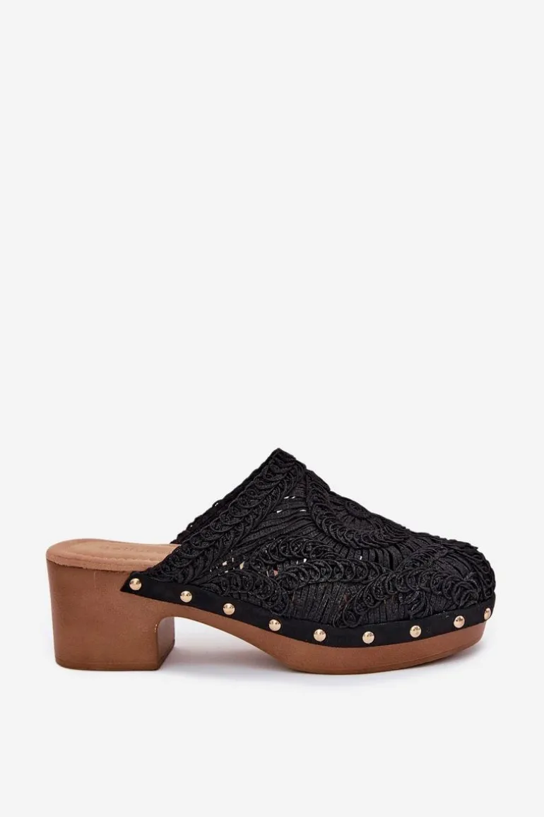 Szydełkowe Klapki Damskie Na Obcasie Czarne Senevia