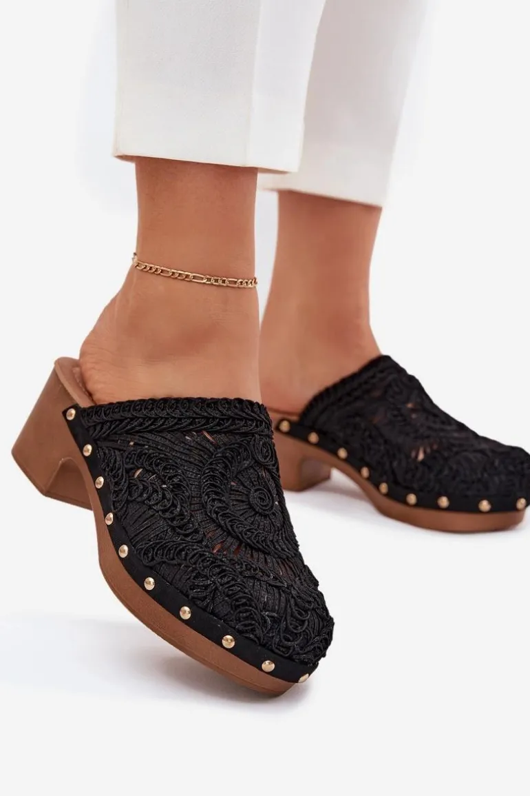 Szydełkowe Klapki Damskie Na Obcasie Czarne Senevia