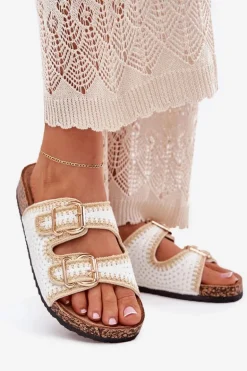 Szydełkowe Klapki Damskie Ze Złotymi Klamrami Białe Fenira