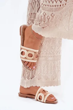 Szydełkowe Klapki Damskie Na Płaskim Obcasie Beżowe Nirina