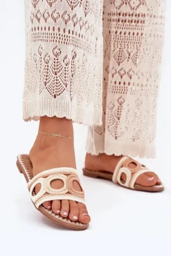 Szydełkowe Klapki Damskie Na Płaskim Obcasie Beżowe Nirina