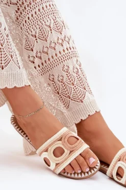 Szydełkowe Klapki Damskie Na Płaskim Obcasie Beżowe Nirina