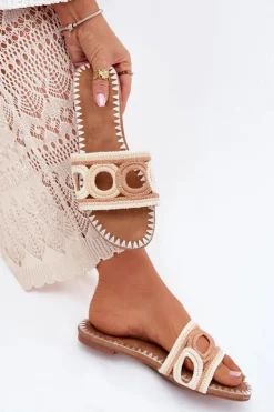 Szydełkowe Klapki Damskie Na Płaskim Obcasie Beżowe Nirina