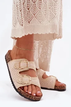 Szydełkowe Klapki Damskie Ze Złotymi Klamrami Beżowe Fenira