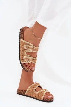 Szydełkowe Klapki Damskie Ze Złotymi Klamrami Camel Fenira