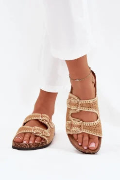 Szydełkowe Klapki Damskie Ze Złotymi Klamrami Camel Fenira