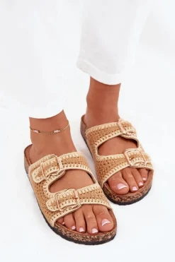 Szydełkowe Klapki Damskie Ze Złotymi Klamrami Camel Fenira