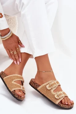 Szydełkowe Klapki Damskie Ze Złotymi Klamrami Camel Fenira