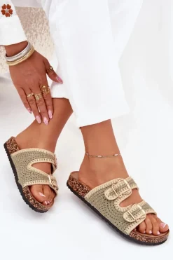 Szydełkowe Klapki Damskie Ze Złotymi Klamrami Zielone Fenira