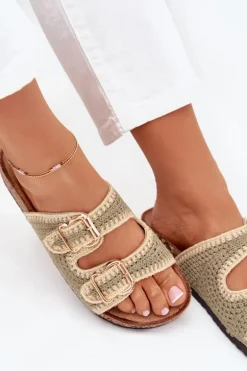 Szydełkowe Klapki Damskie Ze Złotymi Klamrami Zielone Fenira